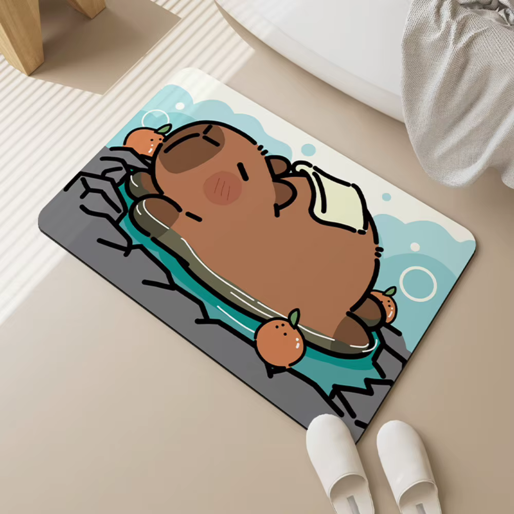 Tapis de sol de salle de bain Capybara mignon prenant un motif de bain
