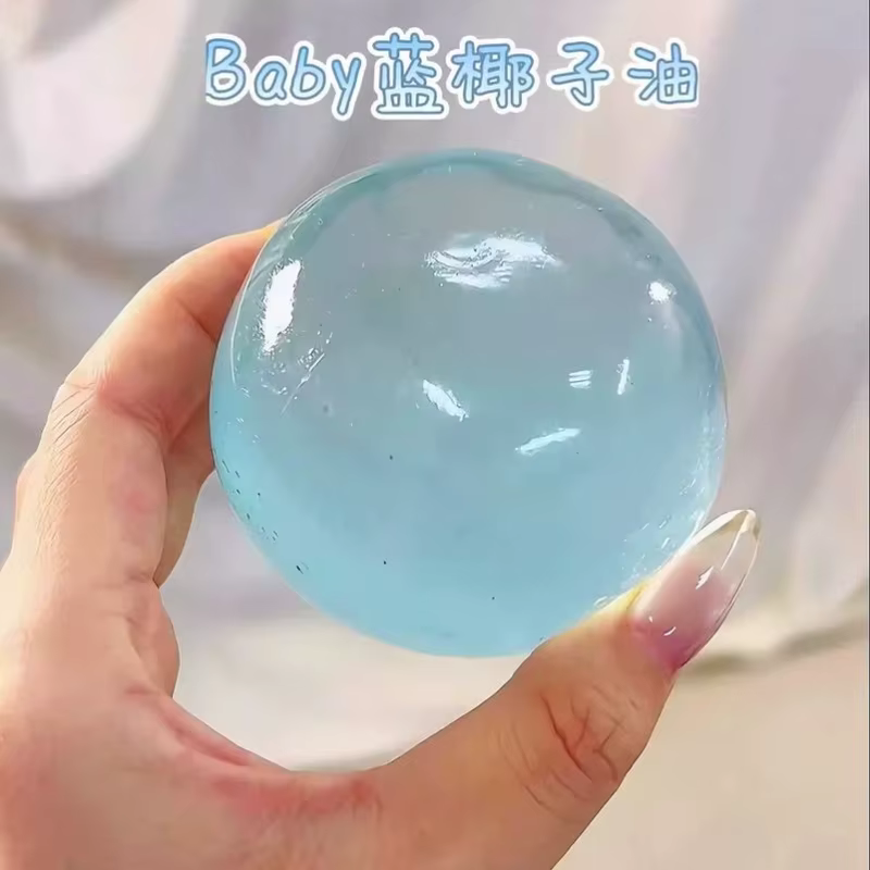 Balle anti-stress DIY mignonne et transparente de 6 cm en huile de coco rose et bleue, faite à la main, en sucre de malt, à rebond lent et malléable