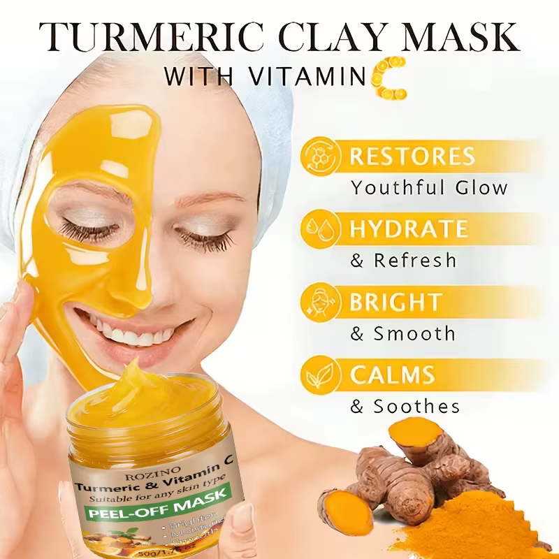 Masque peel-off au curcuma et à la vitamine C 50g, éclaircit le teint, hydrate, lisse, nourrit, raffermit le visage, soin anti-rides, raffermissant et liftant, repulpe la peau, spécialement conçu pour