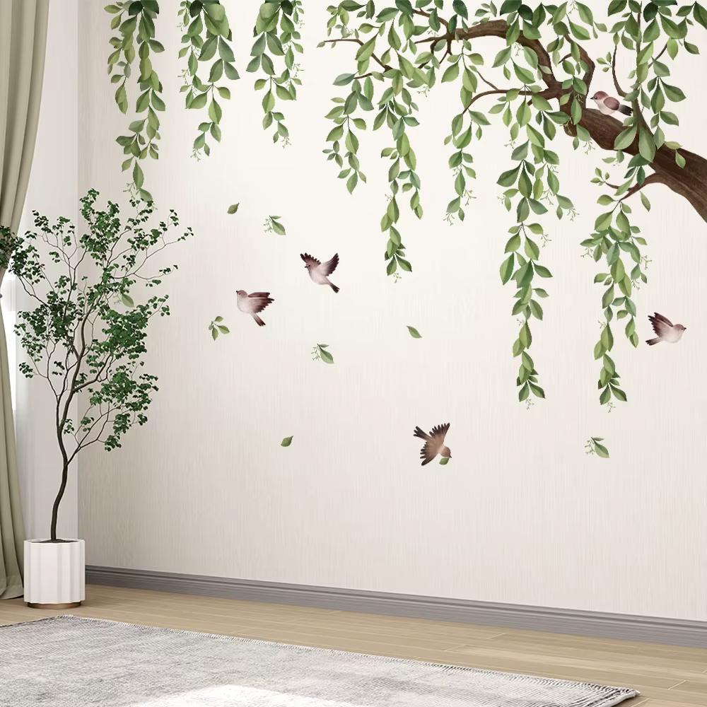 Autocollants muraux à l'encre feuilles vertes Nature pour salon chambre maison fleur fond décoration murale autocollant auto-adhésif papier peint