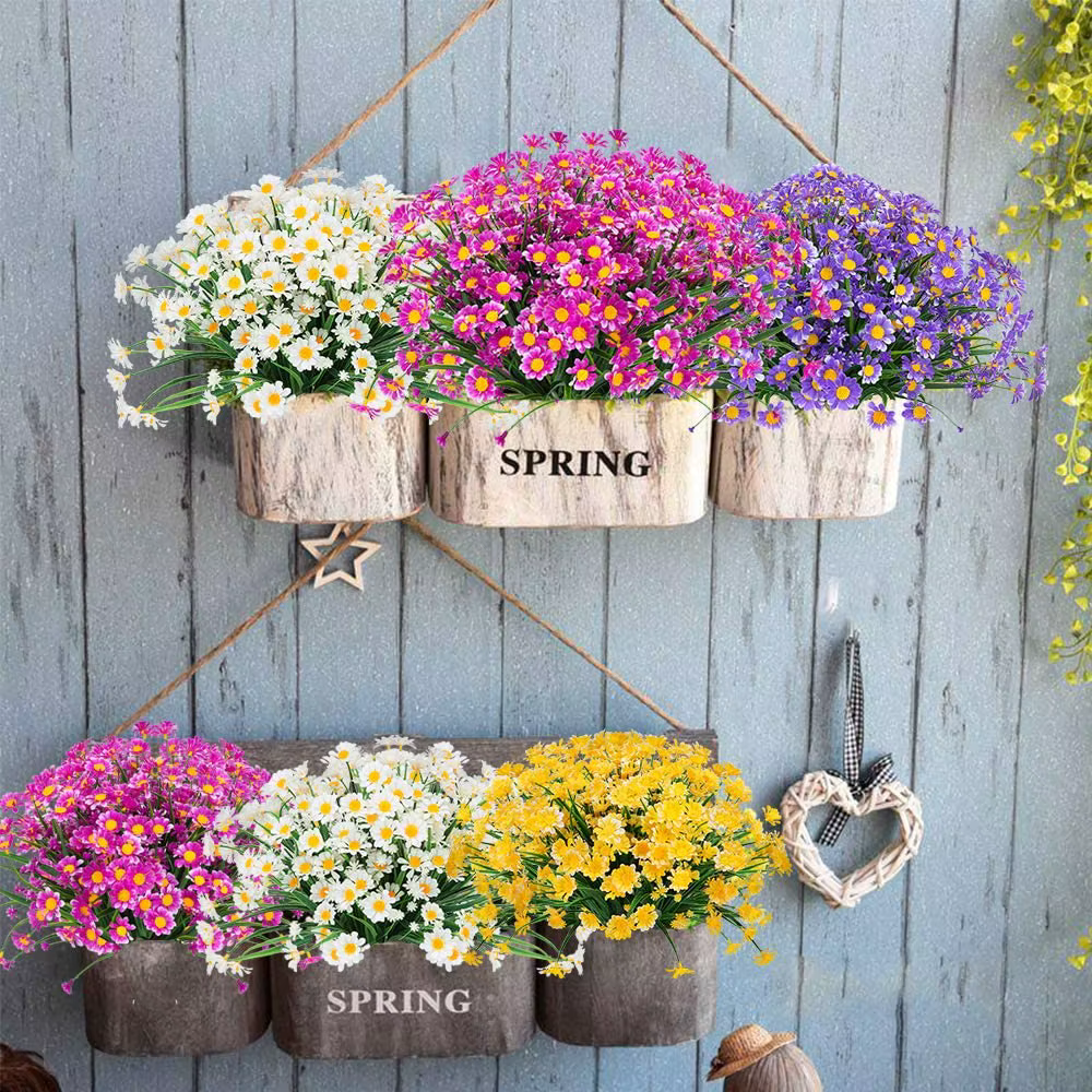 Fleurs de marguerite artificielles, fausses fleurs résistantes aux UV, arbustes verts, jardinière, maison, bureau, jardin, cour, boîte de fenêtre, décoration de mariage