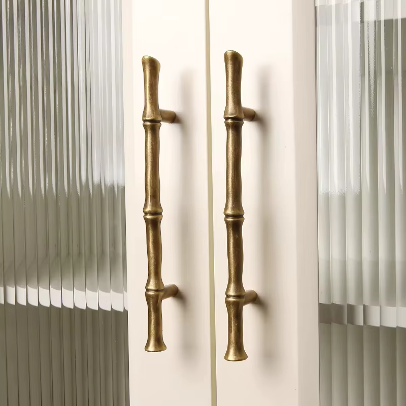 Poignée de meuble en forme de bambou en bronze nordique, en laiton massif, pour armoire de cuisine, poignée en T pour armoire, boutons vintage pour chambre à coucher