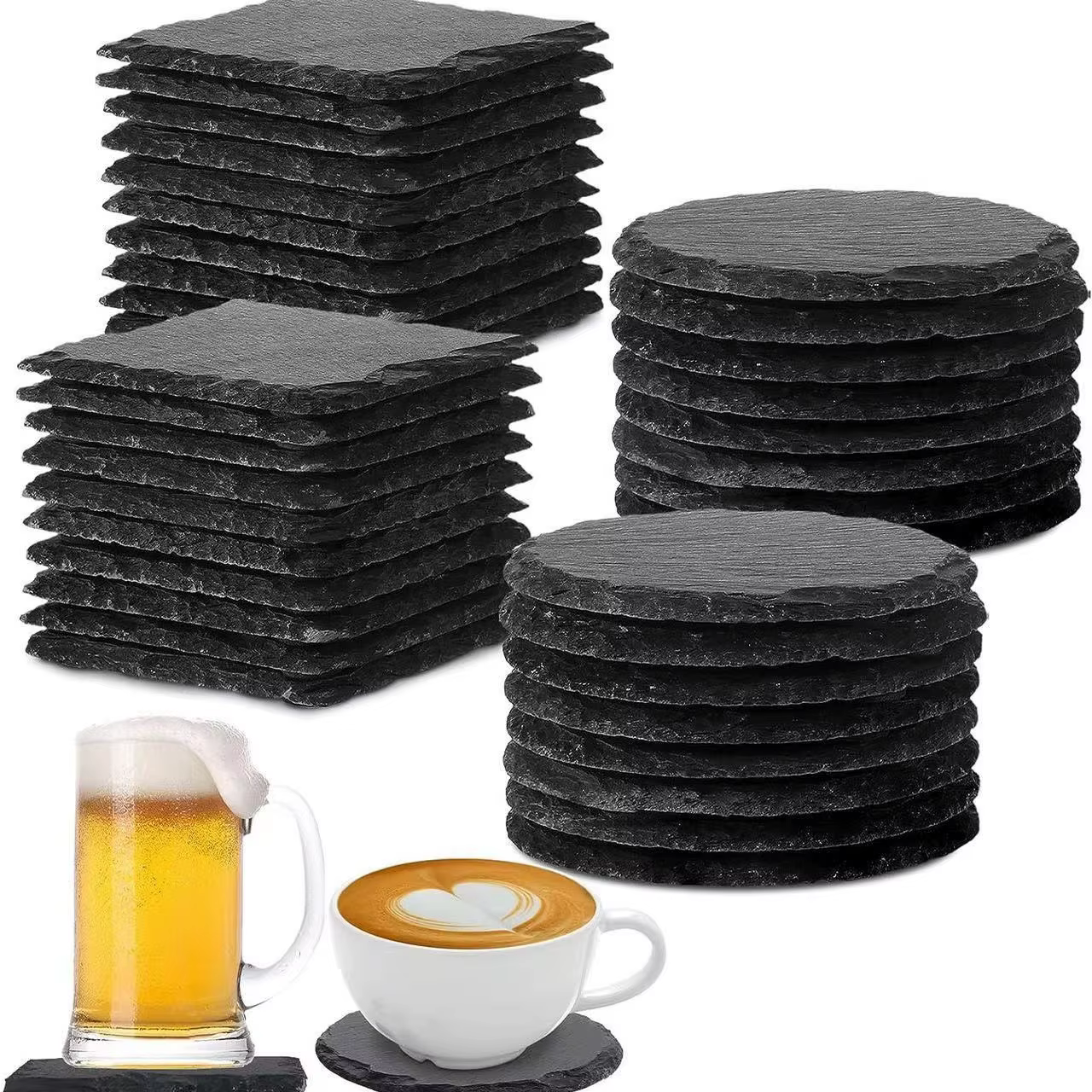 Sous-verres ronds/carrés en pierre d'ardoise noire