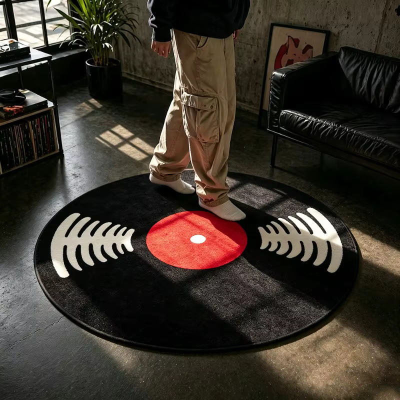 Tapis rond en vinyle, style rétro