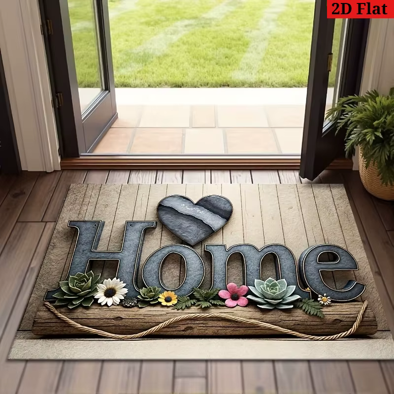Paillasson rustique « Home » – Style bois avec cœur et fleurs pour entrée intérieure/extérieure et décoration de jardin