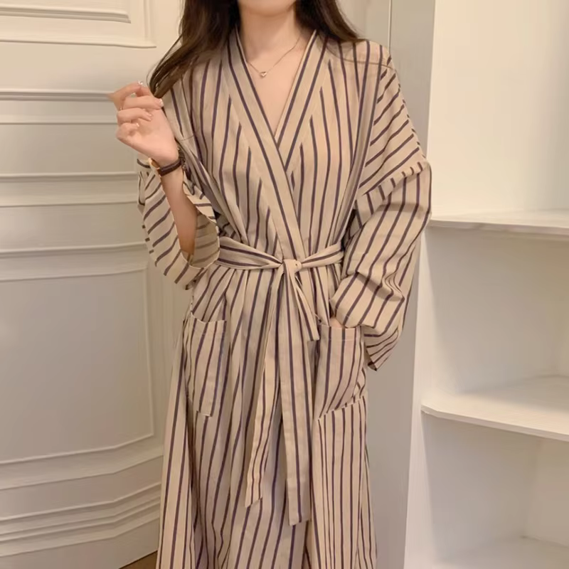 Peignoir pour femme : Robe longue à manches longues rayée style kimono printemps/été – Pyjama et vêtements de détente amples, décontractés, style rétro