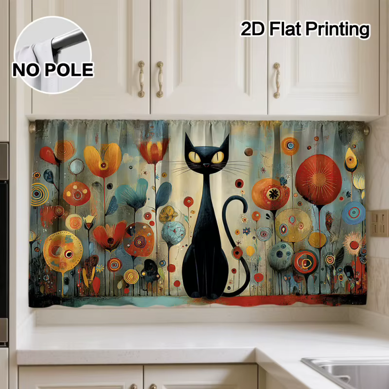 Rideaux de cuisine VIKAMA avec motifs de chats et de fleurs colorées
