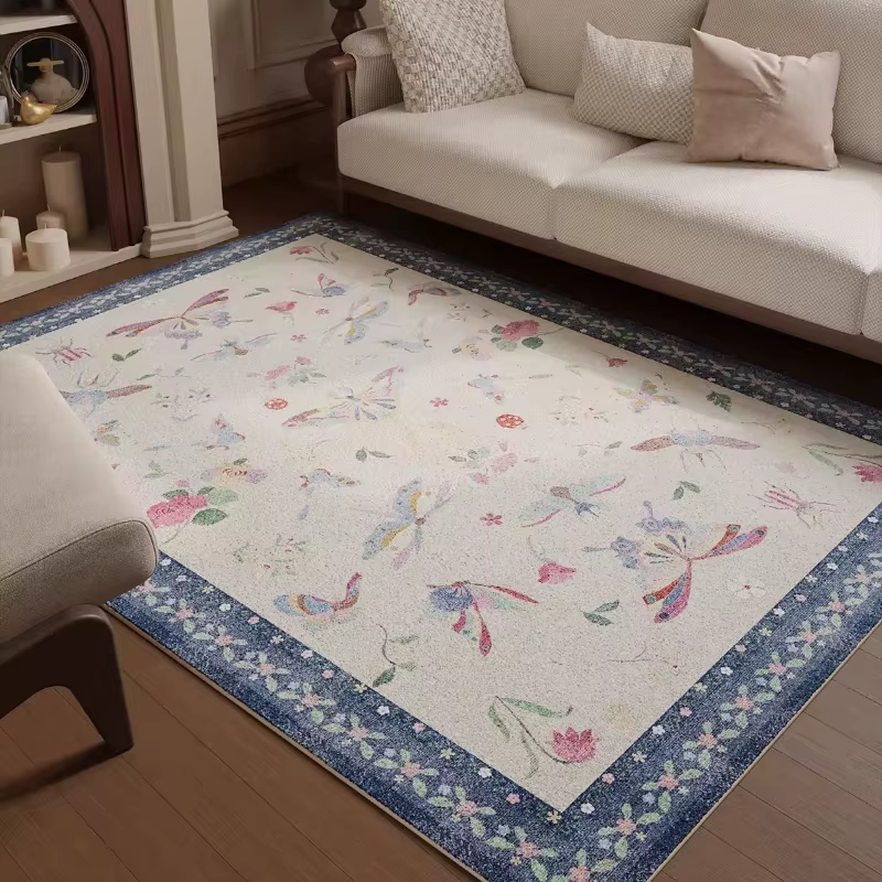 Tapis de salon vintage français rose à thème insectes