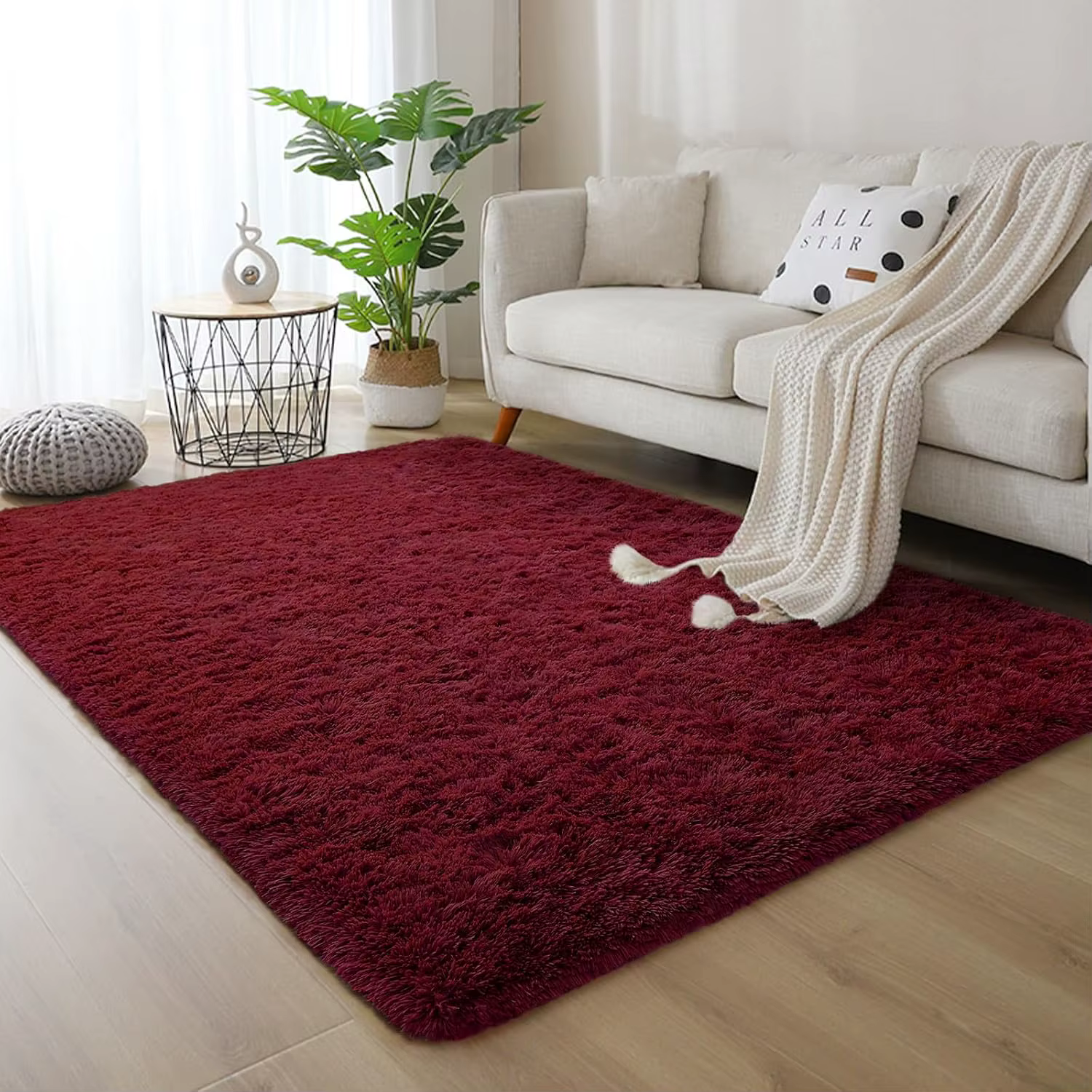 Tapis Shaggy super doux, tapis moelleux, zone rouge bordeaux, salon, chambre à coucher, chambre d'enfant, décoration d'intérieur, antidérapant