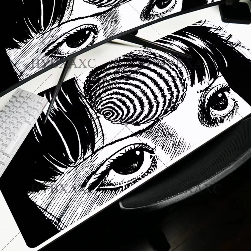 Tapis de souris noir et blanc, tapis de bureau HD mignon, tapis de clavier de jeu arc-en-ciel, grand média Gamer, collage Junji Ito, souris Anime Horror Sub