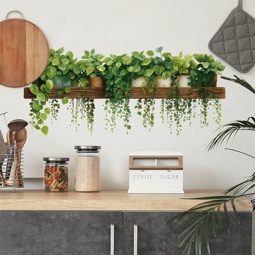 Autocollants muraux en forme de panier suspendu avec plantes vertes pour la décoration du salon