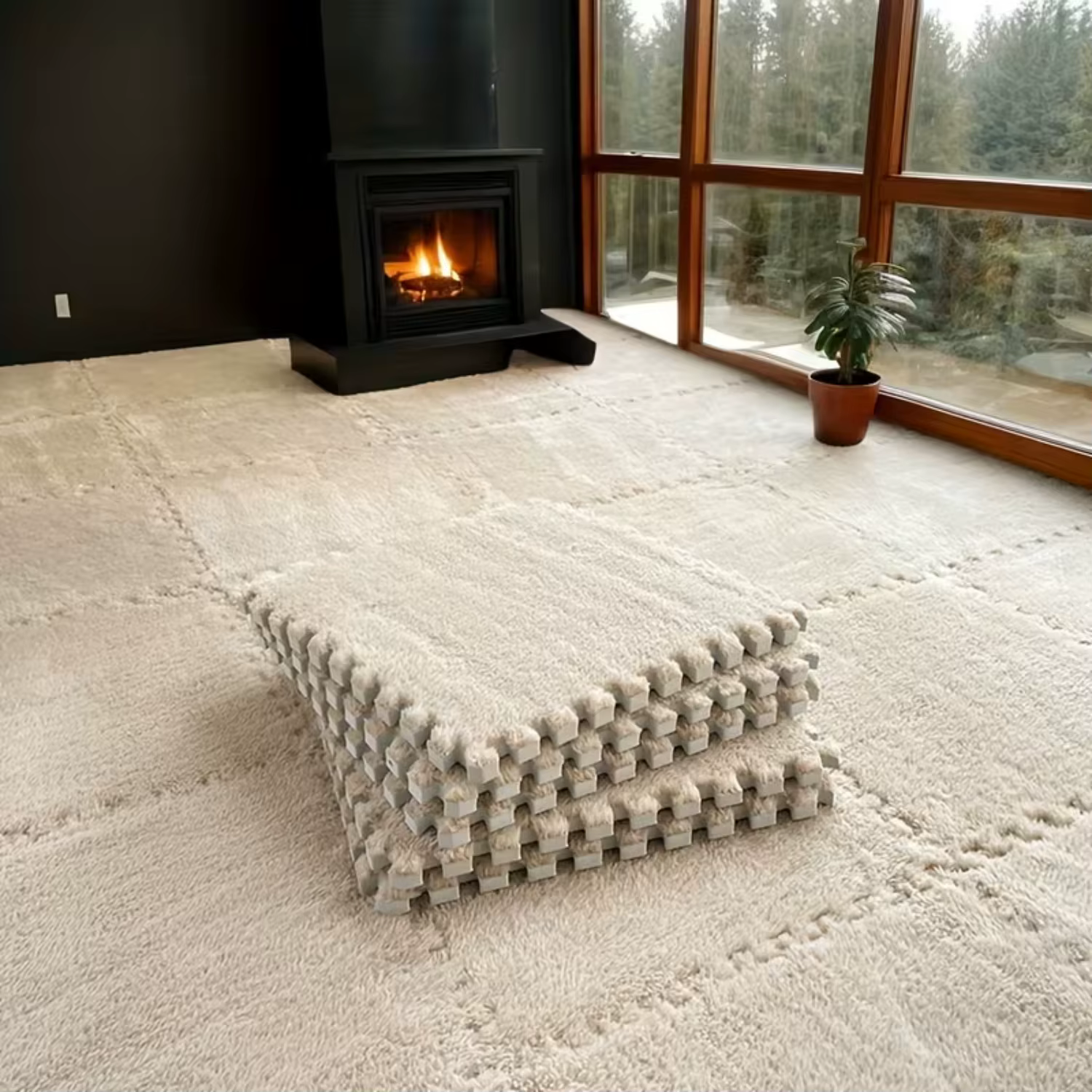 Tapis de sol carré antidérapant en peluche minimaliste moderne