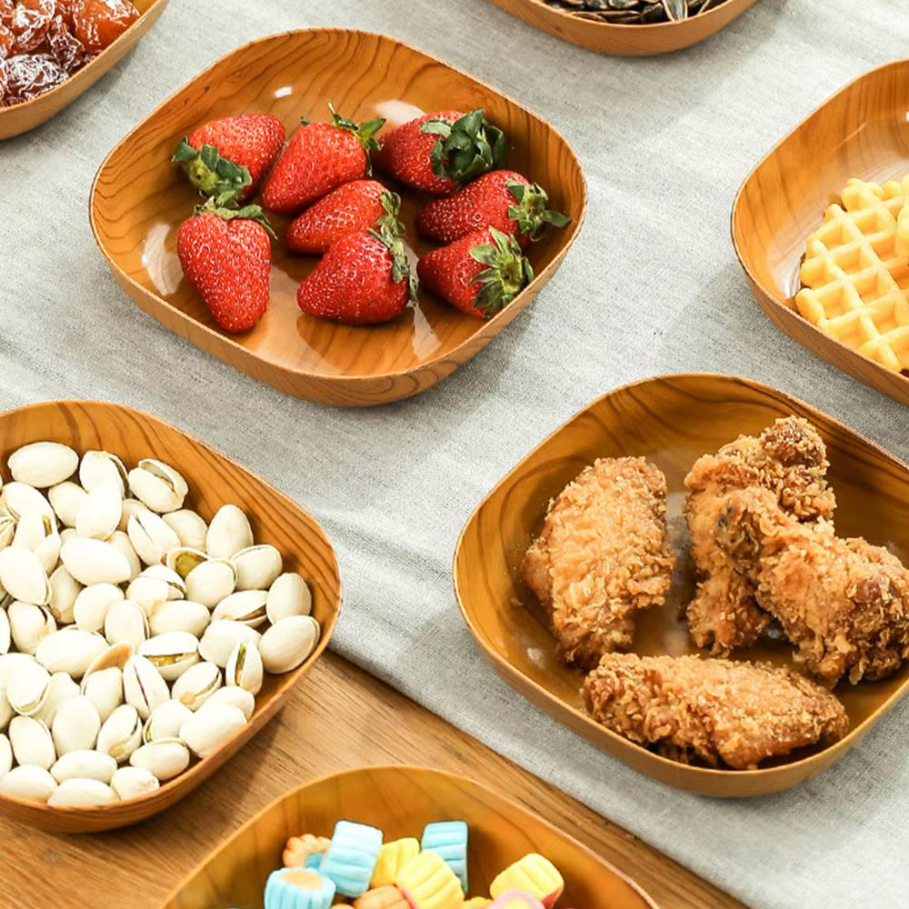 Assiette carrée en plastique Imitation Grain de bois de cuisine, plat de thé de l'après-midi japonais, plat de fruits, plateau à thé, plat en os en plastique, vaisselle de cuisine