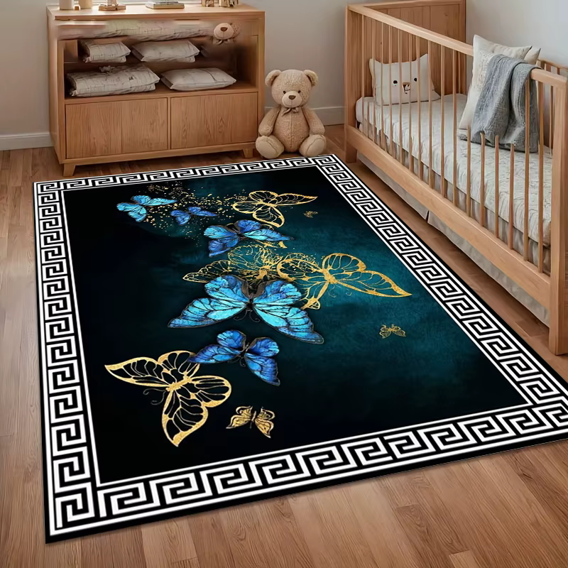 Tapis de salon bleu sarcelle et doré à motifs papillon grecs
