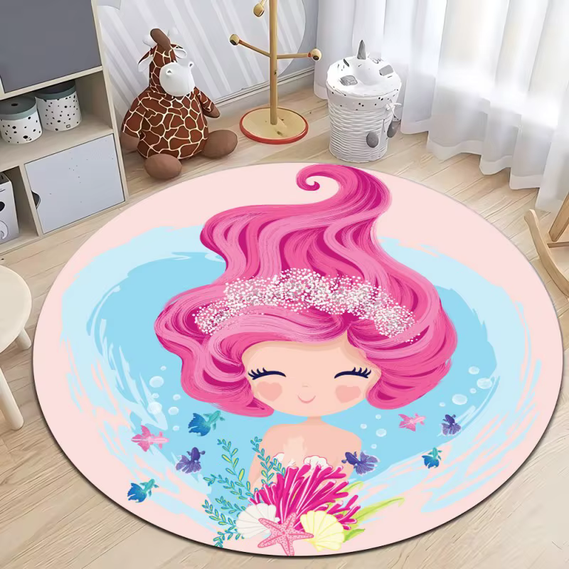 Tapis rond imprimé sirène de dessin animé, pour chambre d'enfants, salon, tapis de sol antidérapant, pour canapé, Table, décoration de maison, chambre de filles