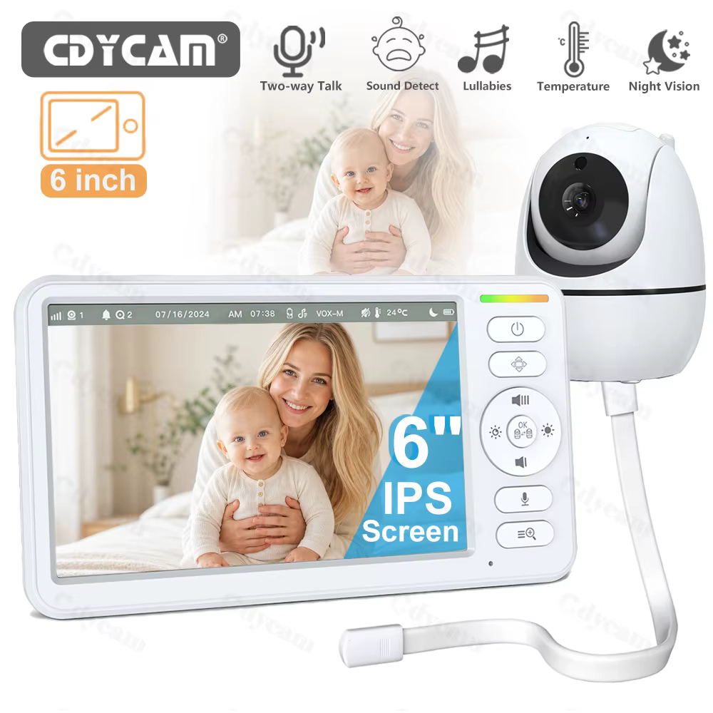 Moniteur bébé sans Wi-Fi avec écran 6 pouces, vidéo améliorée avec caméra et audio, vision nocturne, fonction VOX, communication bidirectionnelle et berceuses