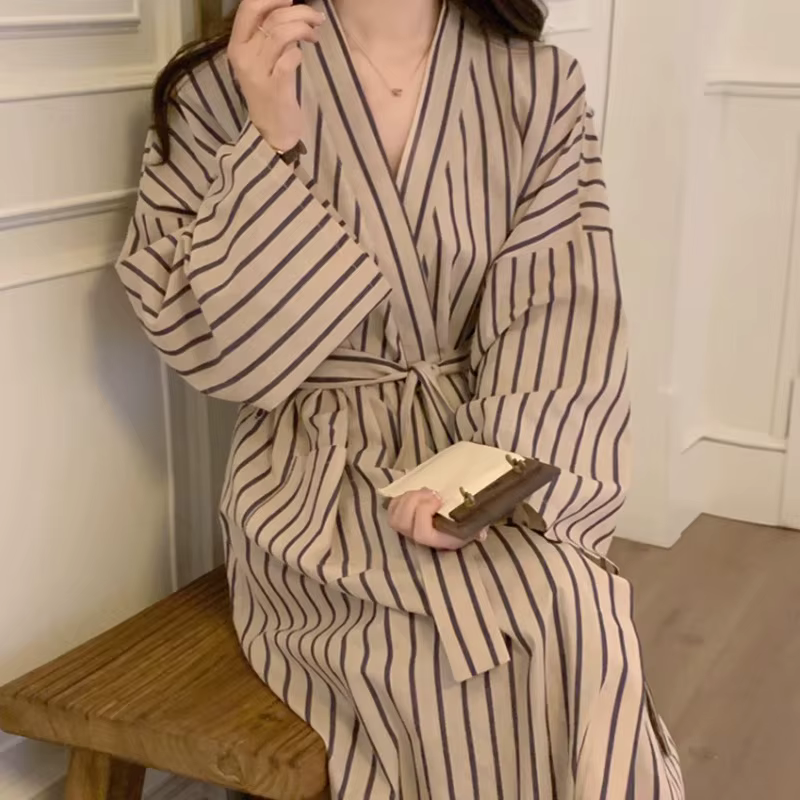 Peignoir pour femme : Robe kimono rayée à manches longues toutes saisons – Pyjama et vêtements de détente amples, décontractés, de style rétro