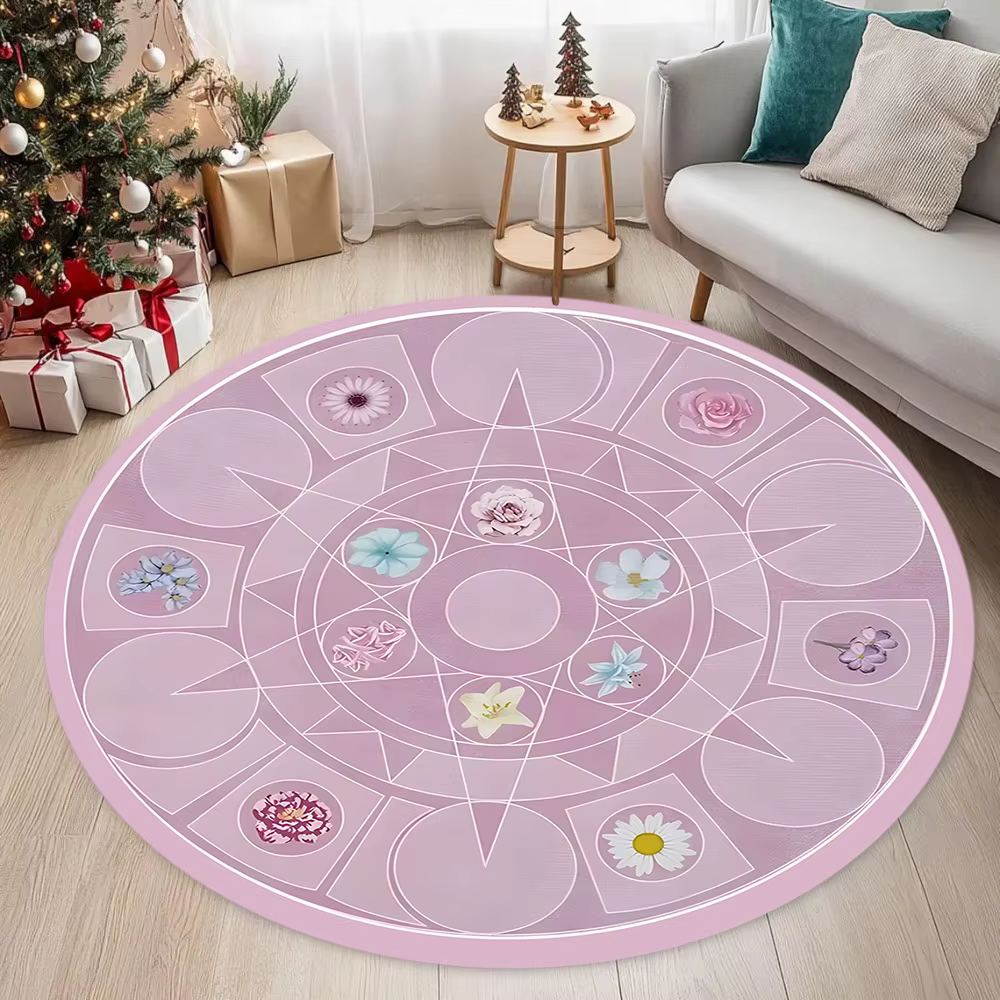 Tapis rond floral rose magique