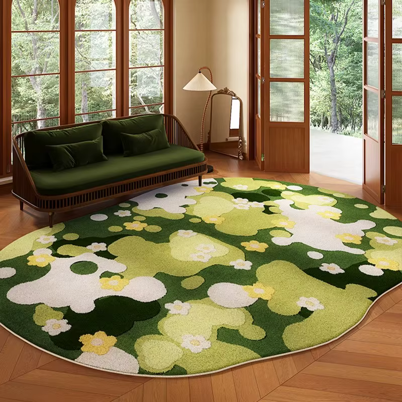 Tapis de salon vert irrégulier court en velours