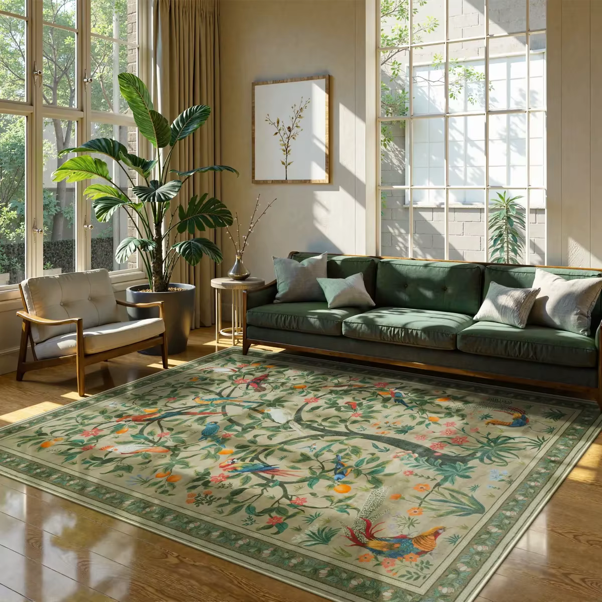 Tapis vert Olive Maximalist Jungle Bird pour salon