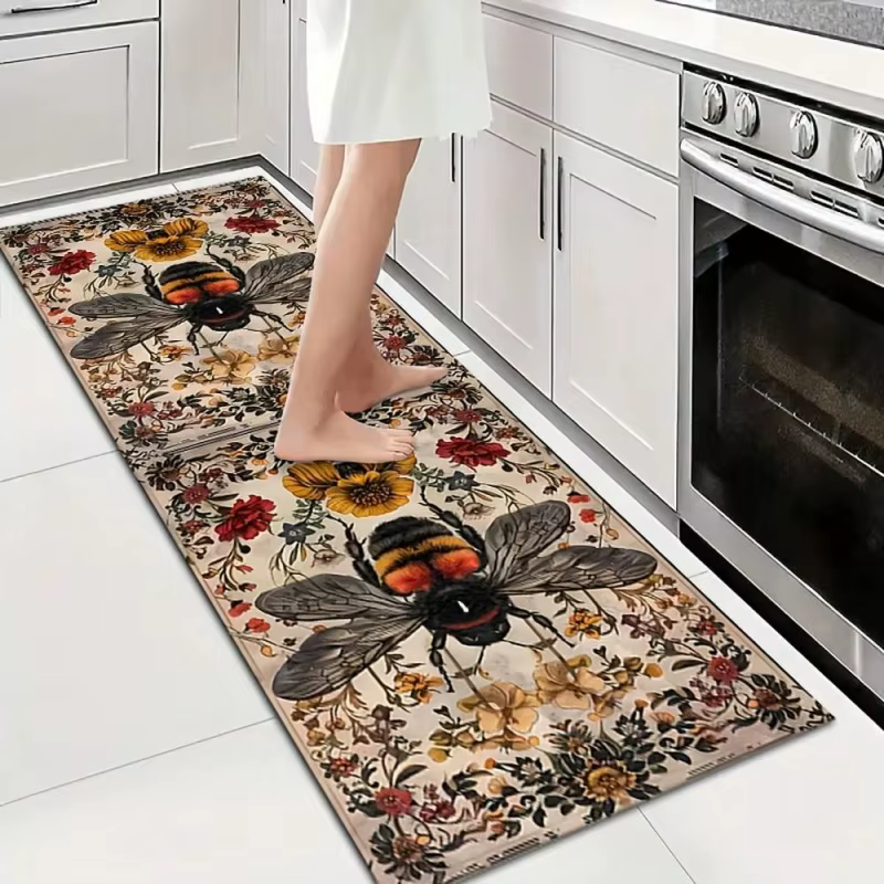 Tapis de couloir en feutre vintage vert rose à motif floral