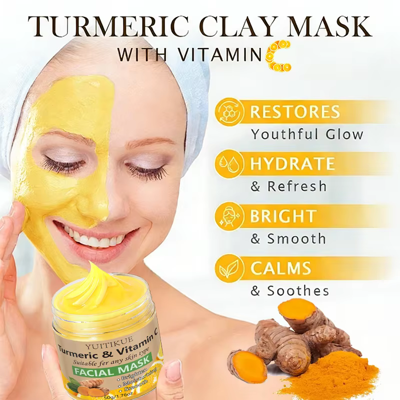 Masque facial YUITIKUE au curcuma et à la vitamine C 50g, hydratant, revitalisant, uniformise le teint, nourrit en douceur, améliore la peau rugueuse