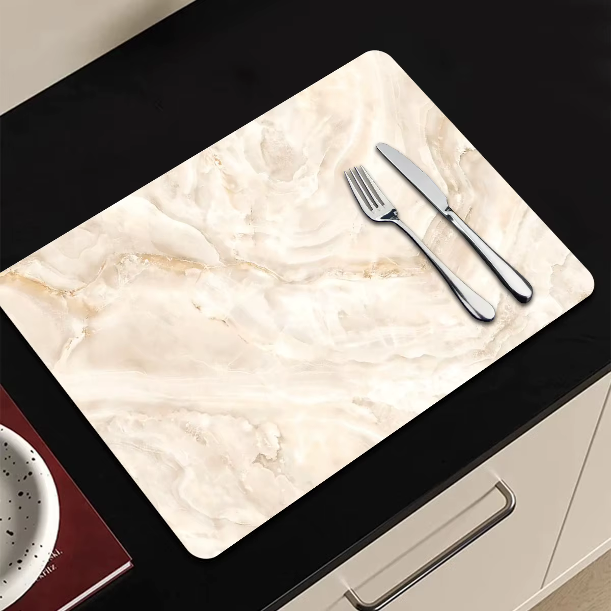 Tapis absorbant à motif marbre beige, tapis antidérapant pour sécher la vaisselle, tapis de protection multi-usages pour machines à café et comptoirs de cuisine