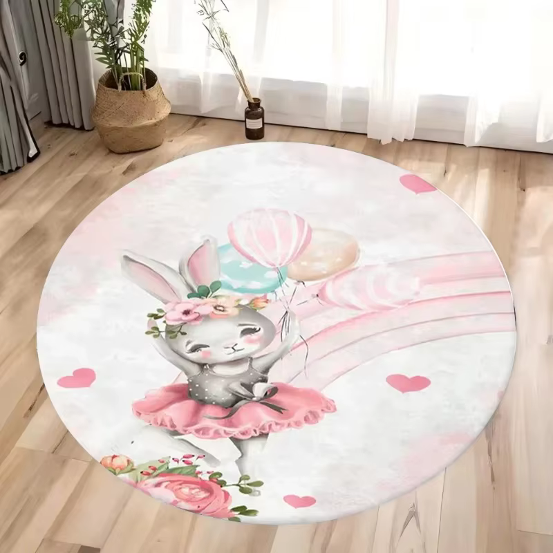 Tapis circulaire rose à motif de lapin de dessin animé