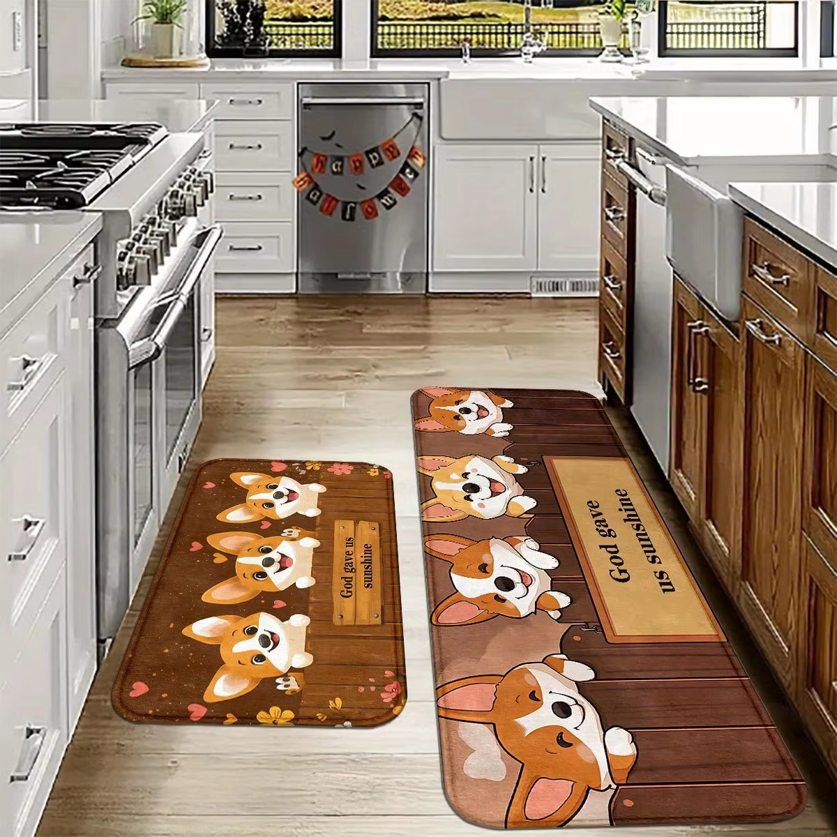 Tapis de sol de cuisine en bois avec motif de chien corgi en dessin animé