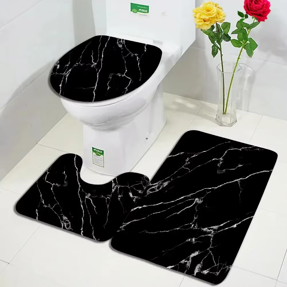 Tapis de bain en marbre noir et blanc abstrait