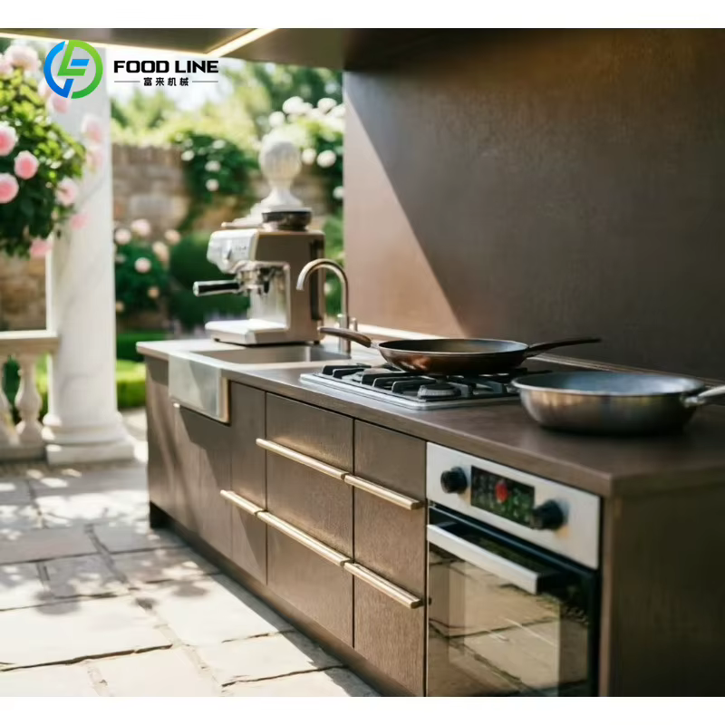 Cuisine extérieure modulaire moderne personnalisée en acier inoxydable avec comptoir en marbre, acrylique ignifuge, écologique et résistant aux intempéries