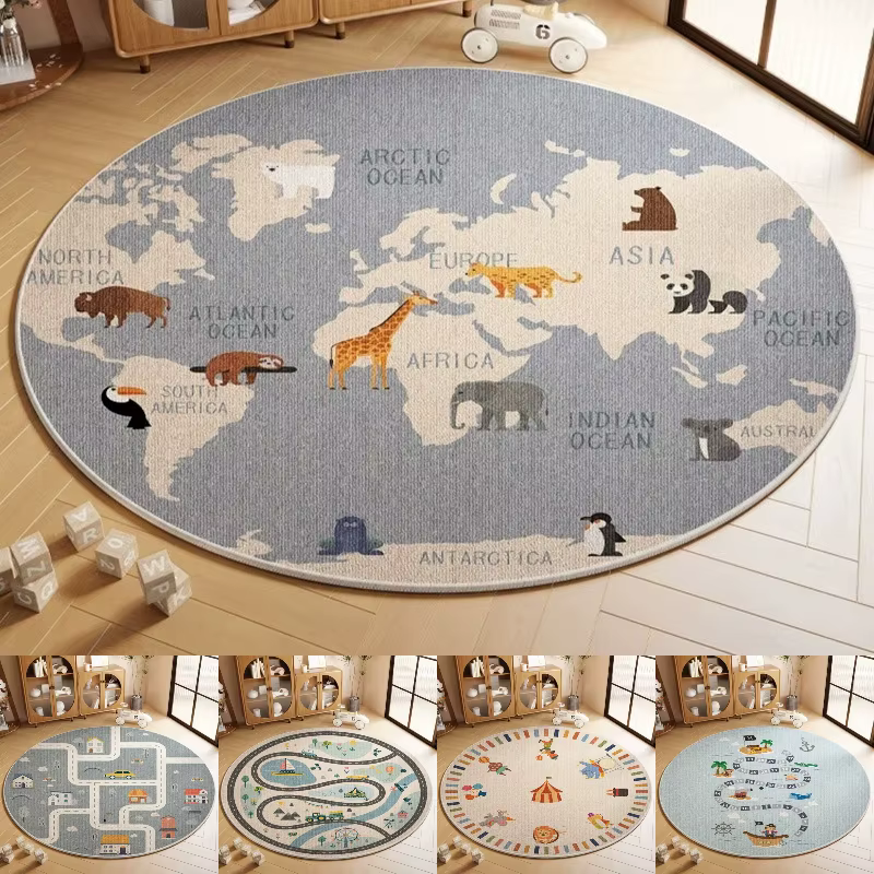 Tapis rond antidérapant avec impression de carte du monde