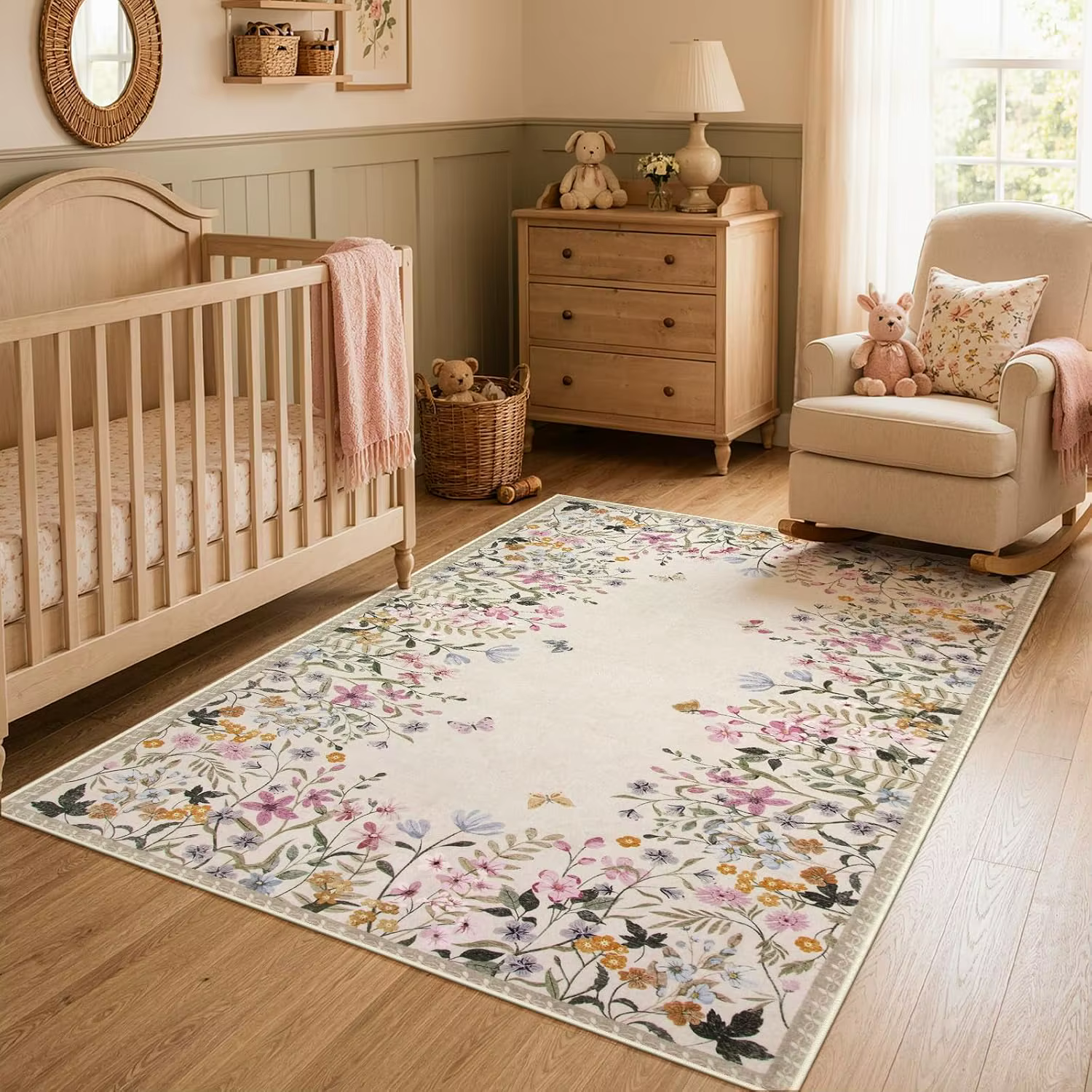 Tapis floral beige, tapis lavable antidérapant pour salon, chambre à coucher, décoration d'intérieur botanique polyvalente
