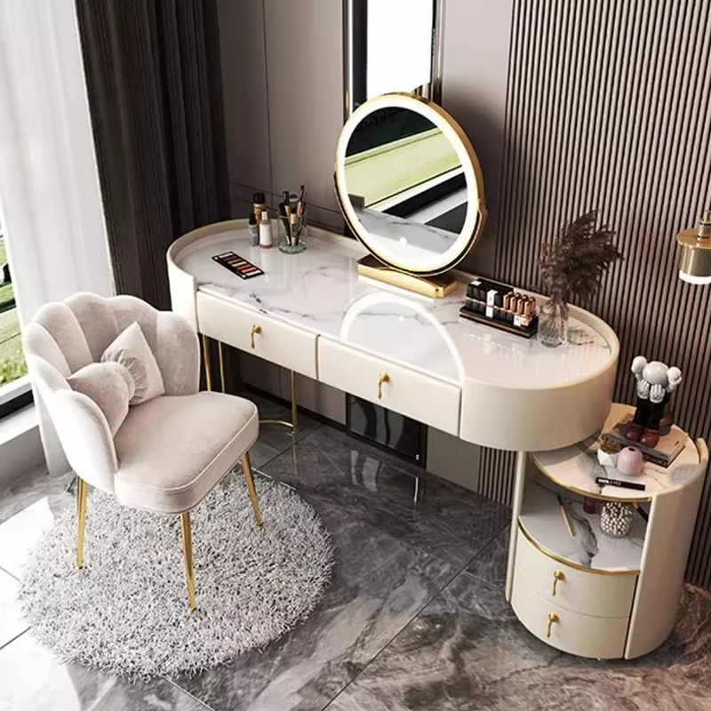 Grande coiffeuse d'angle moderne avec rangement, tiroirs de maquillage, console de luxe pour bijoux, mobilier de chambre à coucher