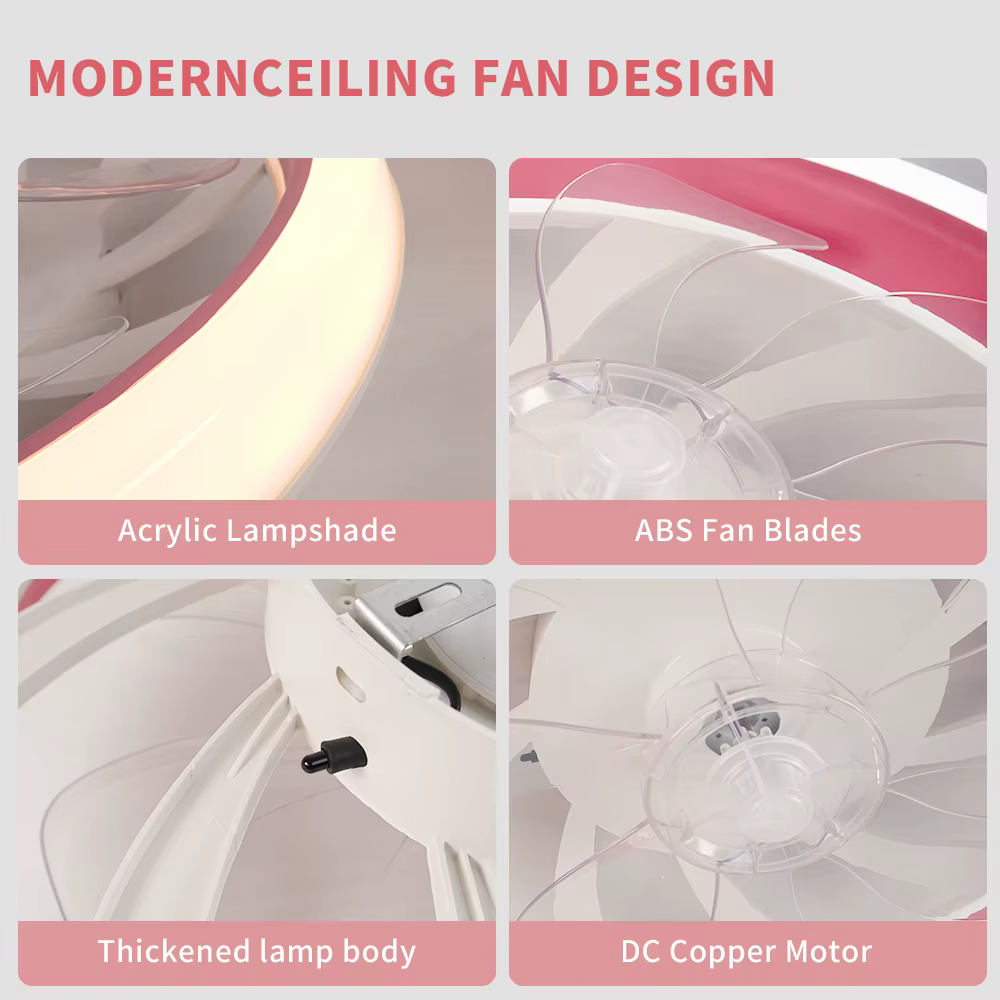Ventilateur de plafond à profil bas, télécommande avec variateur d'intensité, 6 vitesses de vent, fonction de minuterie, moteur DC silencieux, rose, chambre d'enfant/salon