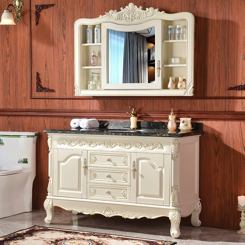 Armoire de salle de bain de Style européen, meuble de luxe léger en bois de chêne massif, lavabo du sol au plafond, Pot de Table en marbre, combinaison de bain