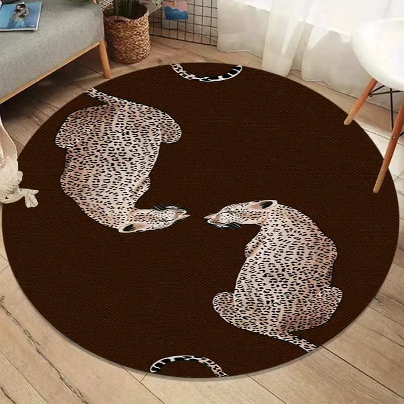 Tapis rond à imprimé léopard marron