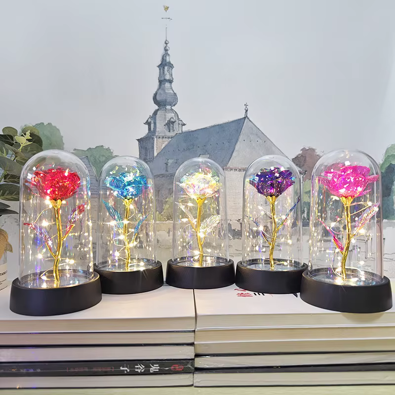 Fleur artificielle en verre avec lumière LED pour femme, la belle et la bête, la galAct et la rose, cadeaux d'anniversaire pour filles, aide les ordures