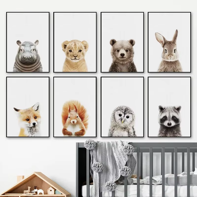 Toile murale avec animaux pour chambre de bébé, peinture d'éléphant, girafe, ours, imprimés d'art mural, affiche d'art nordique pour chambre d'enfant, décor de pépinière