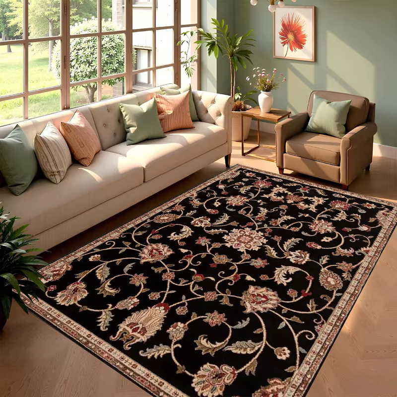 Tapis élégant noir à motifs floraux antidérapant