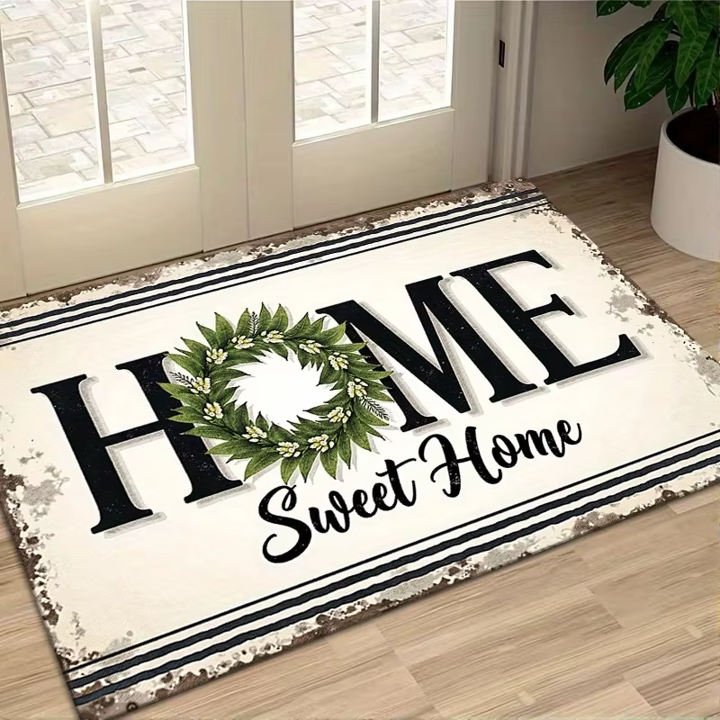 Tapis de sol rustique « Home Sweet Home » bleu à texture bois