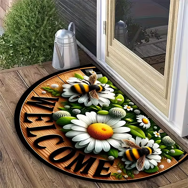 Tapis d'entrée demi-rond à motif marguerite et rose