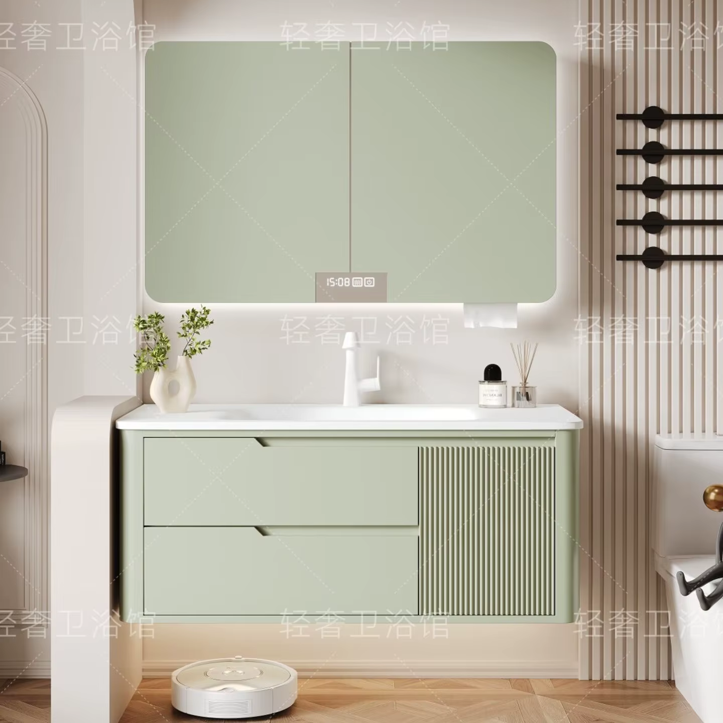 Meuble de salle de bain en Corian crème avec lavabo, miroir Feng Shui pliant en chêne, lavabo intelligent et lavabo intégré