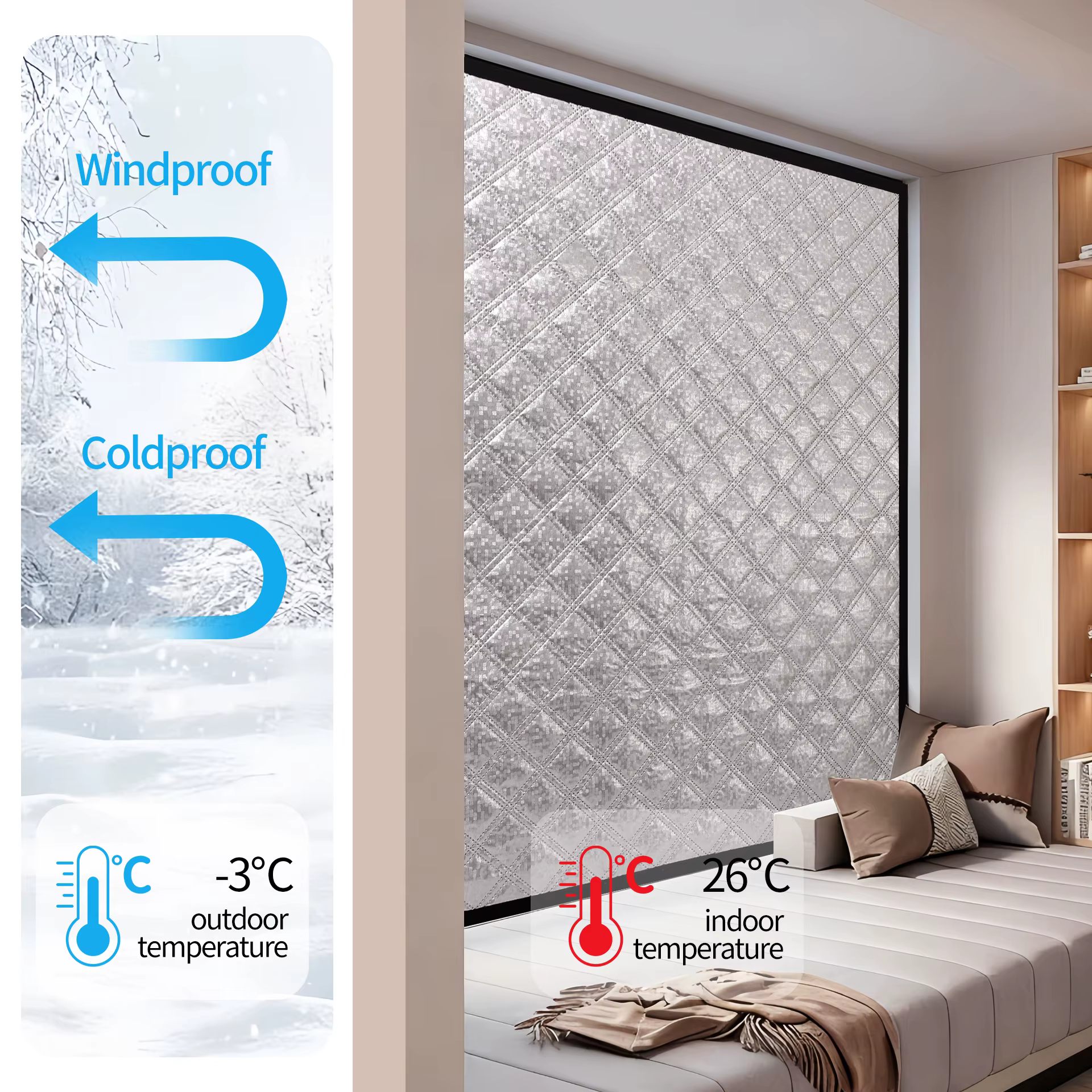 Rideaux thermiques d'hiver avec coton isolant, film isolant pour fenêtre résistant au froid, rideaux épais insonorisés et occultants