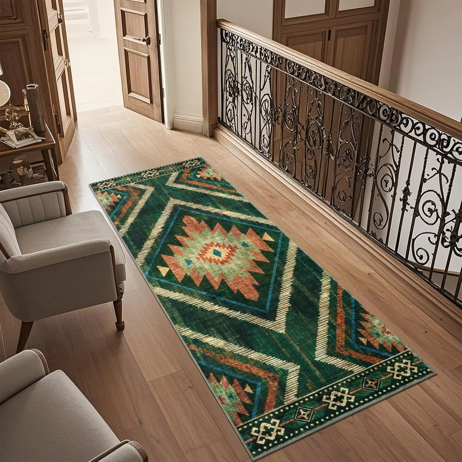 Tapis de couloir vintage vert et marron