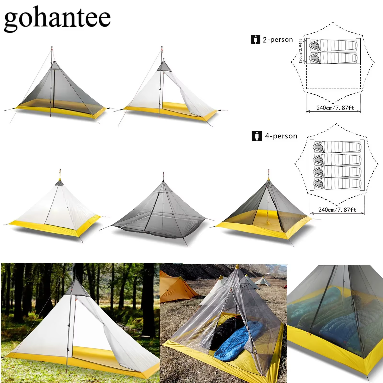 Tente de Camping ultralégère pour 2 à 4 personnes, en Nylon 40D, revêtement en Silicone, pyramide sans tige, grande tente intérieure respirante pour 3 à 4 saisons