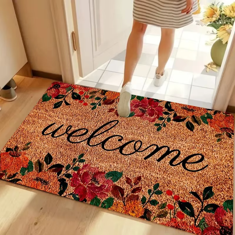 VIKAMA Tapis de bienvenue rétro à motif floral orange en fibre de coco naturelle antidérapant