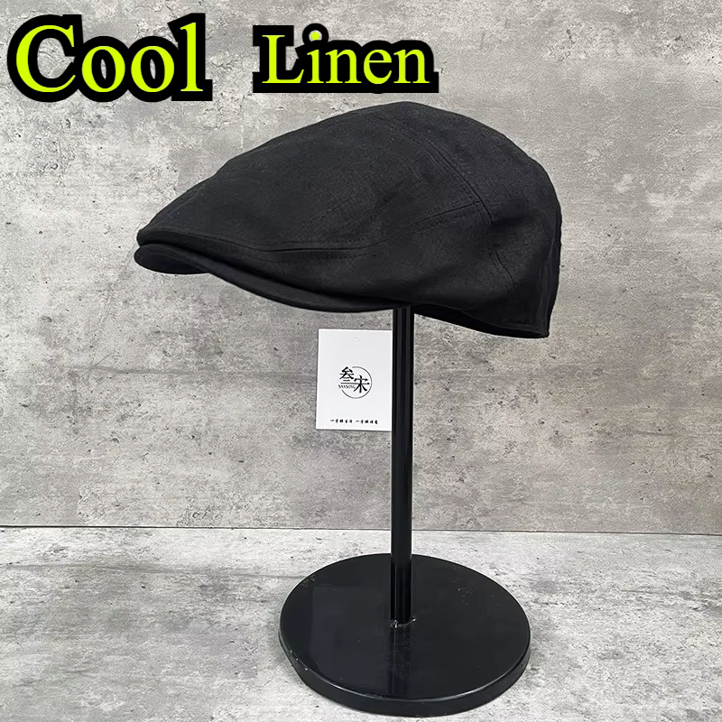Béret d'été 100% lin pour hommes, casquette de journal Vintage légère et respirante, chapeau de pilote rétro d'art noir