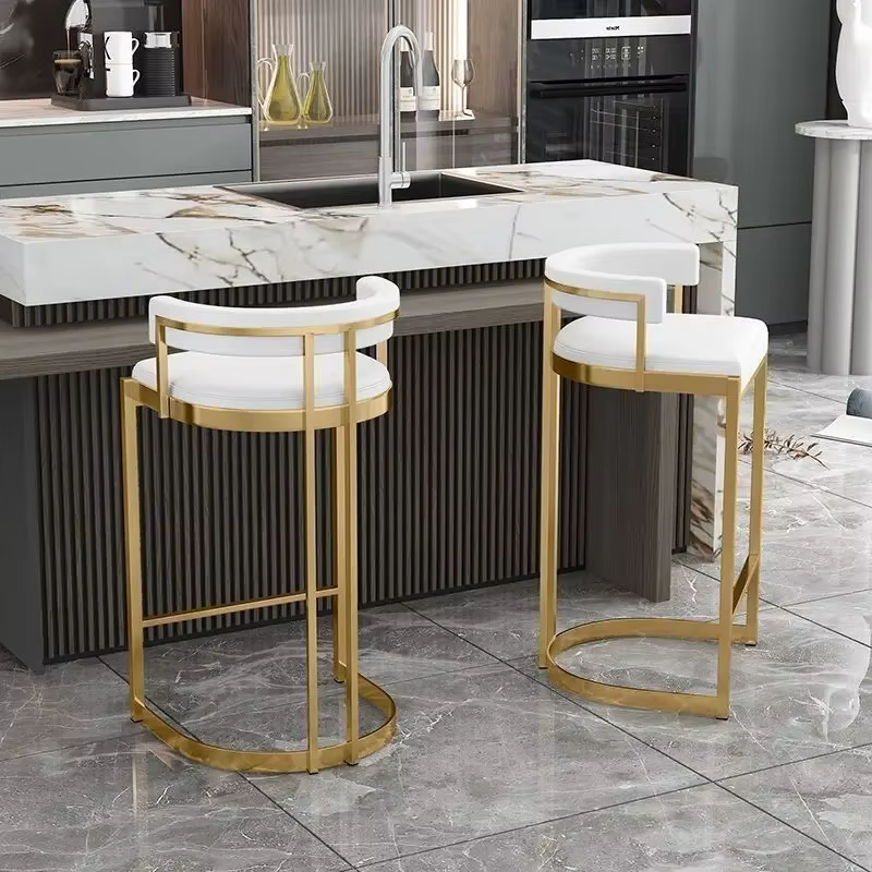 Tabouret de Bar de luxe à la mode, cadre en métal doré, rembourré, dossier incurvé, chaise haute moderne, comptoir d'îlot de cuisine à domicile, tabourets de Bar à manger