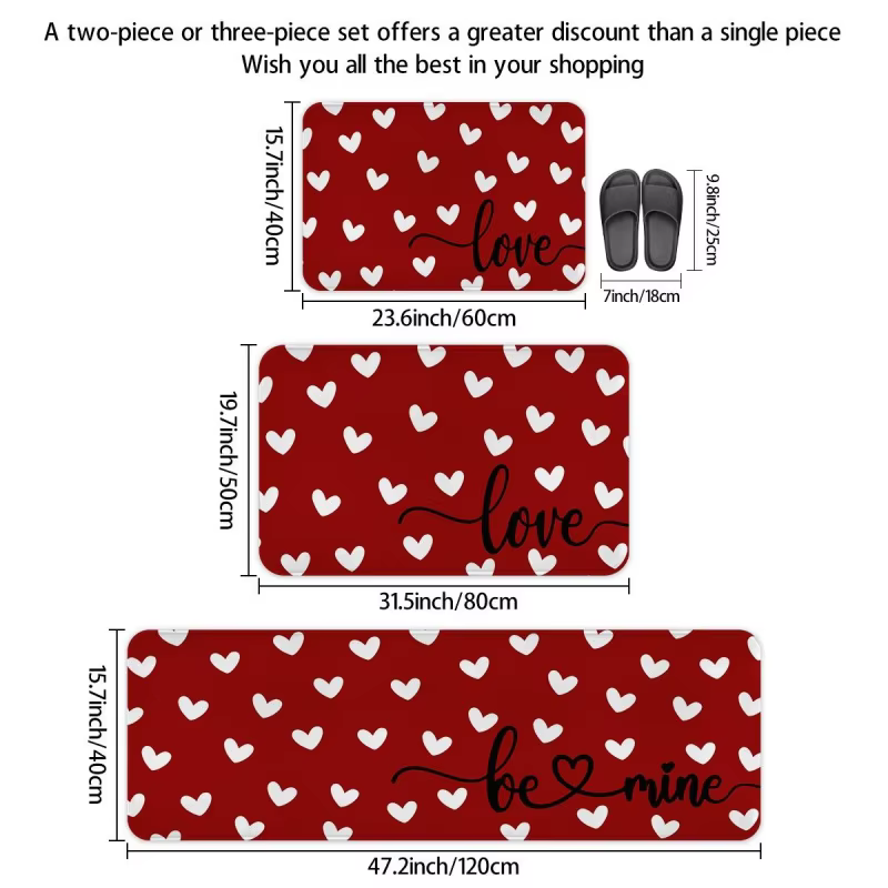 Ensemble de tapis de cuisine pour la Saint-Valentin, tapis de couloir de cuisine, avec petits cœurs et motif d'amour.